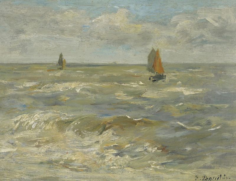 Voiliers Sur La Mer de Eugène Boudin, óleo que muestra barcos en el mar