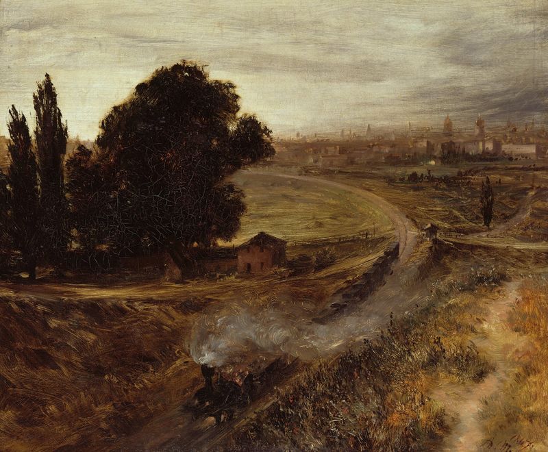 The Berlin-Potsdam Railway by Adolph von Menzel, oil painting depicting a train and lush trees.