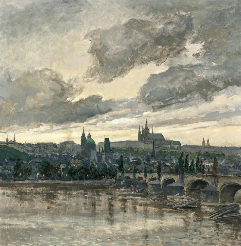 A View of Prague, oil on canvas by Viktor Olíva, depicting a skyline with ancient churches at dusk.