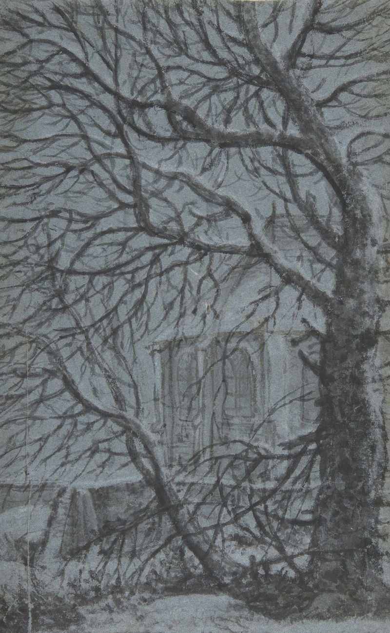 Ábside de uma igreja no inverno, emoldurada por ramos nevados, óleo de Antonie Waterloo