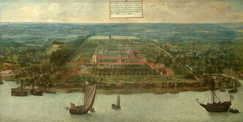 The Abbey of Saint Bernard, oil on canvas by Jan Wildens, depicts a serene abbey in soft light.