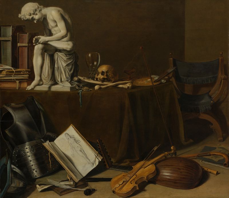 Oil on panel by Pieter Claesz featuring books, a skull, and a plaster cast of the Spinario.