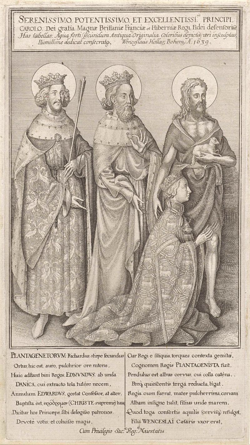Rey Ricardo II arrodillado con San Juan Bautista, grabado de Wenceslaus Hollar