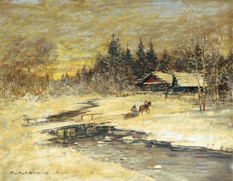 Traineau passant sur un pont au soleil couchant, óleo de Konstantin Alexeevich Korovin