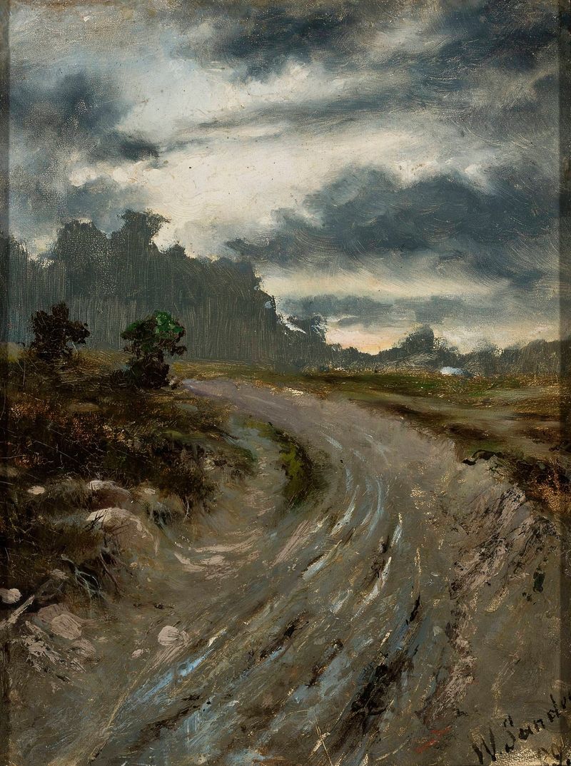 Forest track by Franciszek Władysław Sandecki, oil on canvas depicting a winding path through trees.