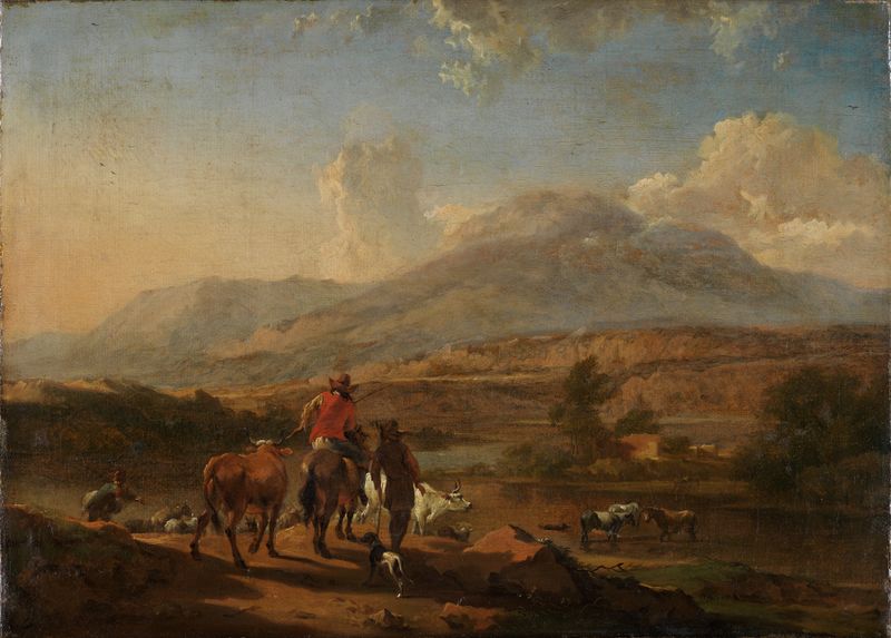 Paisaje con pastores en un vado, pintura al óleo de Jan Peeter Verdussen