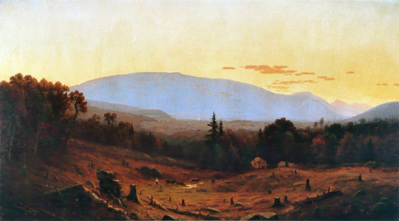 Hunter Mountain, Twilight de Sanford Robinson Gifford, pintura al óleo que representa un paisaje crepuscular con montañas.