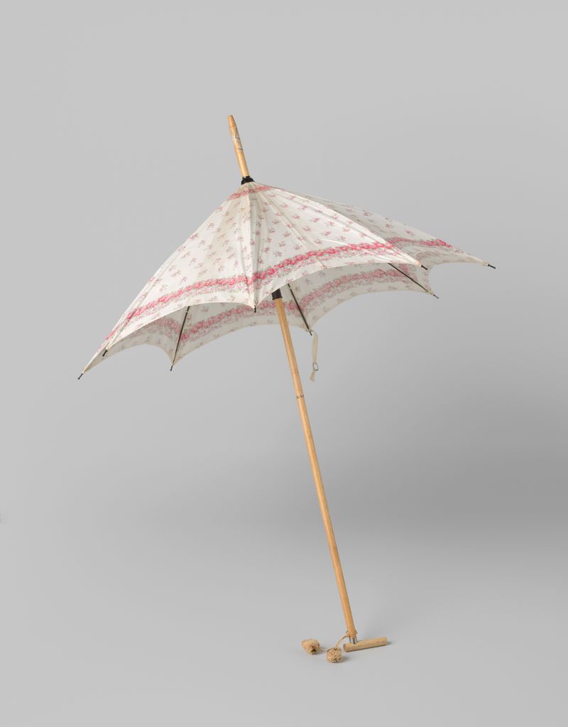 Decorative art parasol by Gustav Schnitzler, featuring a white cotton canopy with pink roses.