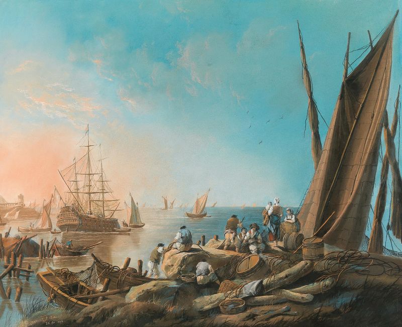 At the mouth of the River Tagus, oil on canvas by Jean-Baptiste Pillement, depicting a serene river landscape.