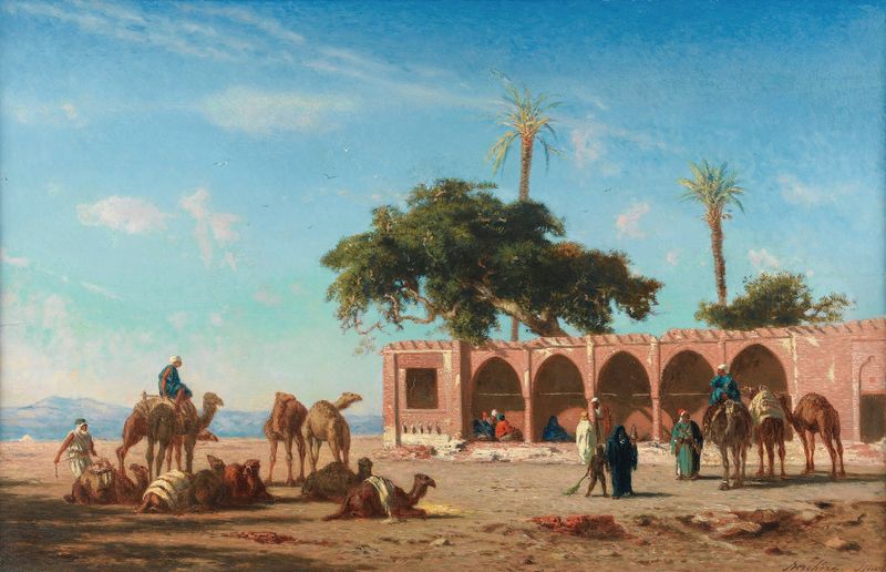 The Caravan Resting In Siout, Egypt, oil on canvas by Narcisse Berchère depicting travelers resting under a palm tree.