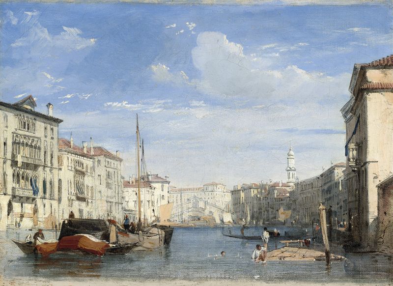 El Gran Canal de Richard Parkes Bonington, óleo sobre lienzo que muestra reflejos del crepúsculo en el agua