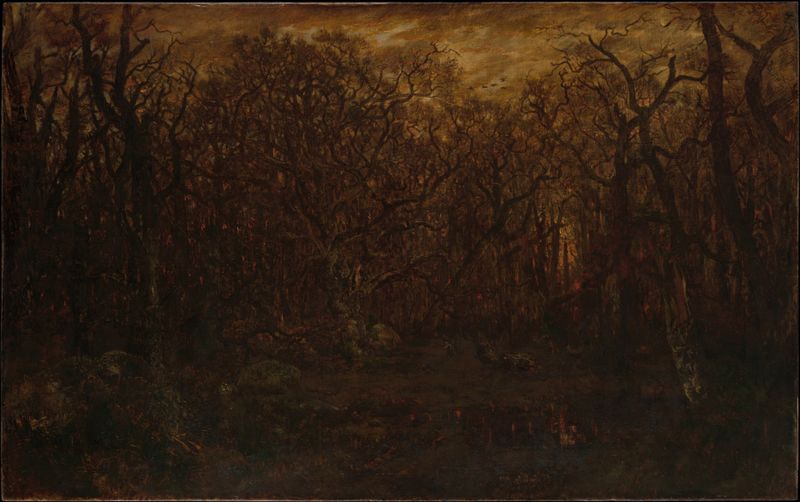 Oil on canvas by Théodore Rousseau depicting a winter forest at sunset.