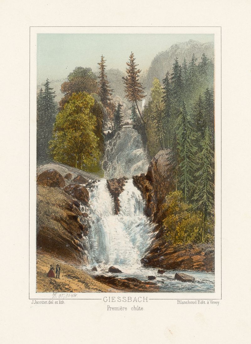 Cascada cayendo por acantilados en Giessbach Première chûte de Jean Jacottet, pintura al óleo.