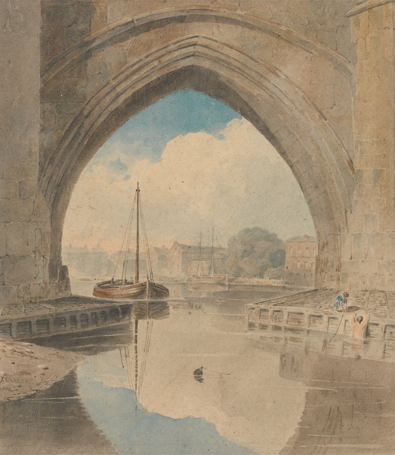 Aquarela de John Varley representando uma ponte sobre um rio com um horizonte.