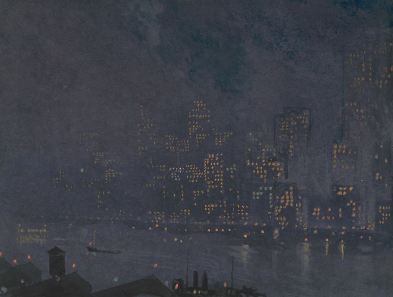 Skyscrapers illuminated at night, lithograph by Joseph Pennell