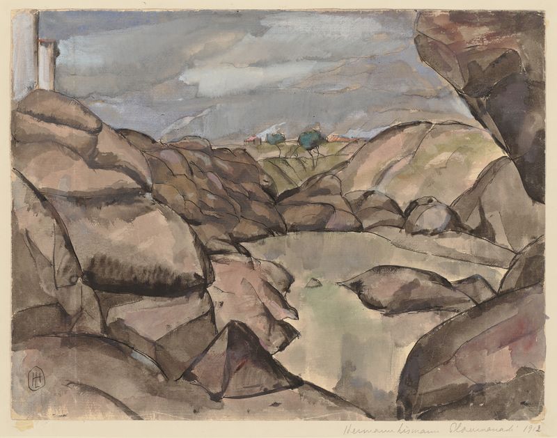 Paisagem costeira óleo de Hermann Lismann, apresentando penhascos e um mar sereno.