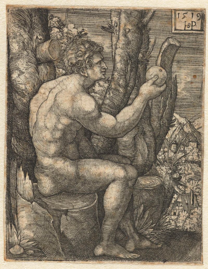 Grabado de Hans Sebald Beham de un joven sentado en un tronco sosteniendo una manzana.