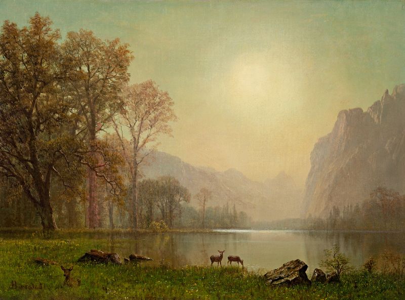 Dawn in the Rockies, pintura a óleo de Albert Bierstadt mostrando montanhas e um céu colorido ao amanhecer.