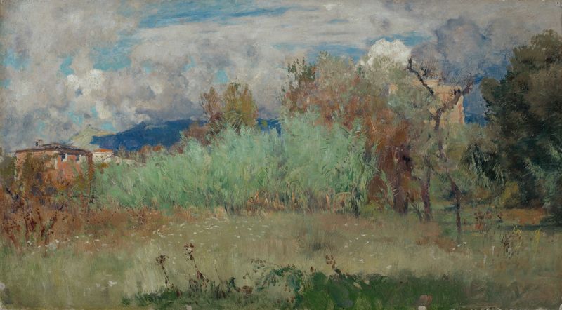 Folhagem exuberante e luz em uma paisagem de Eugen Bracht, pintura a óleo