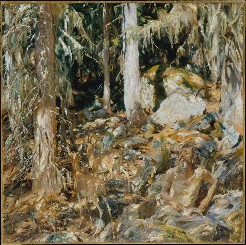 El Ermitaño de John Singer Sargent, óleo sobre lienzo, presenta una figura solitaria entre rocas escarpadas.