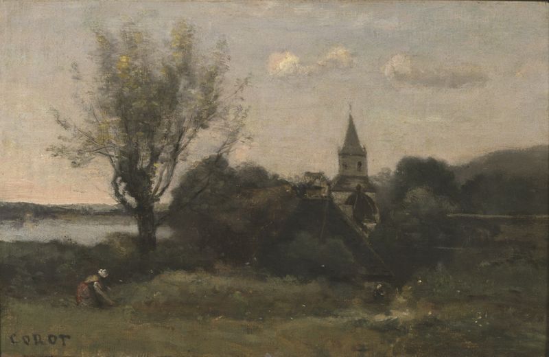 Paisagem com um rio e árvores, óleo sobre tela de Jean-Baptiste-Camille Corot