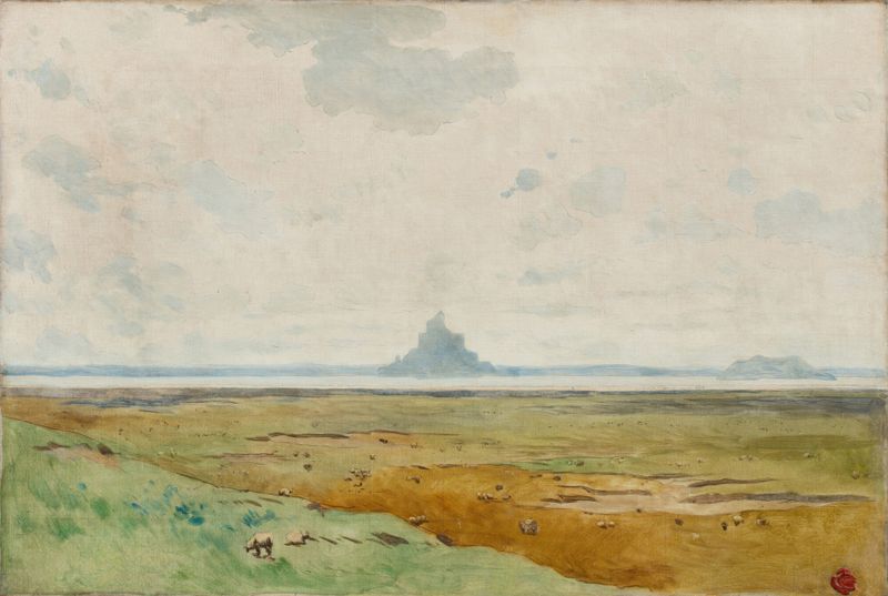 Óleo sobre lienzo de Alexandre Ségé que muestra Mont Saint-Michel al amanecer.