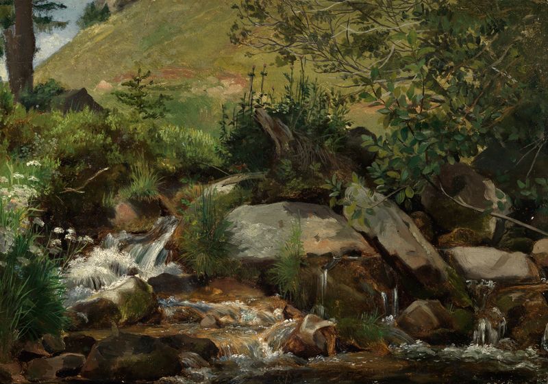 Paisagem com grama e um riacho, pintura a óleo de Hans Thoma