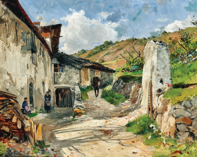 Impressionist landscape by Eduard Zetsche, featuring a vineyard path and rolling hills