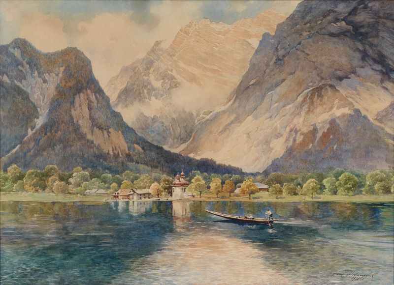 St Bartholomä am Königssee by Karl Schnorpfeil, oil painting depicting a church by a lake.