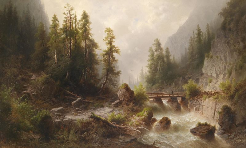 Landscape of a river flowing through mountains by Albert Rieger, oil painting