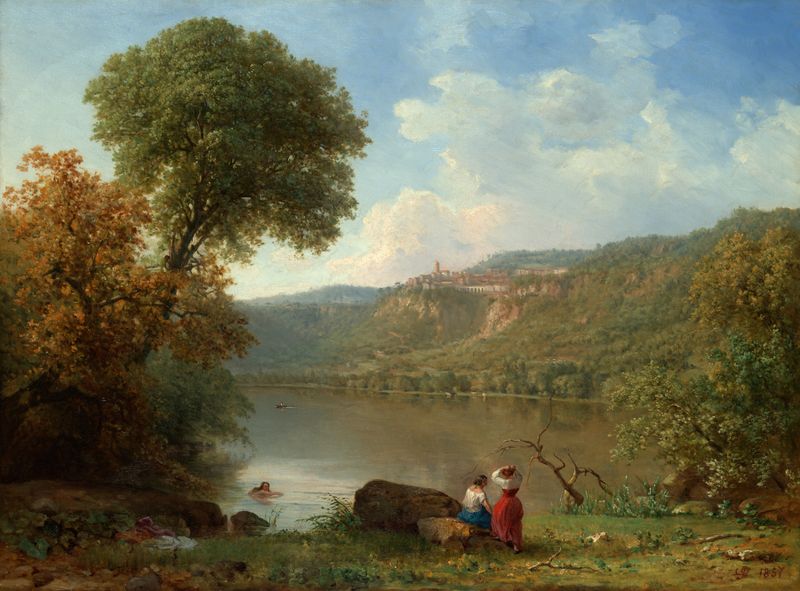 Lago Nemi de George Inness, óleo de un lago tranquilo rodeado de vegetación.
