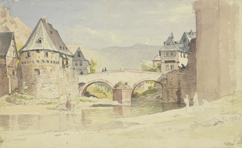 Pintura al óleo de Carl Morgenstern con un puente sobre el río Wisper.