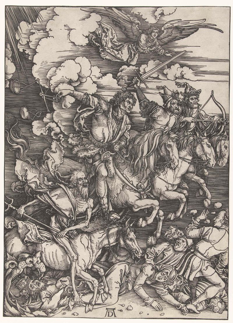 De vier ruiters van de apocalyps by Albrecht Dürer, etching on paper depicting four horsemen.