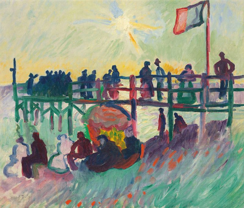 L’estacade au Havre de Raoul Dufy, óleo sobre tela que retrata uma cena marinha vibrante com um píer.