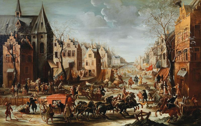 Un paisaje urbano en invierno con carruajes, pintura al óleo de Jan Carel van Eyck
