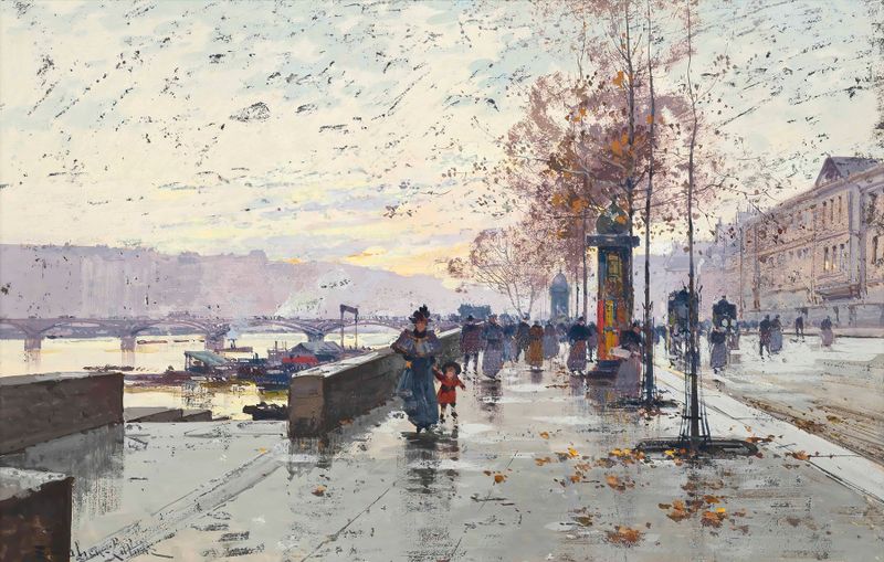 Figures at the Quai de Louvre, Paris de Eugène Galien-Laloue, óleo sobre lienzo que muestra figuras junto al río al atardecer