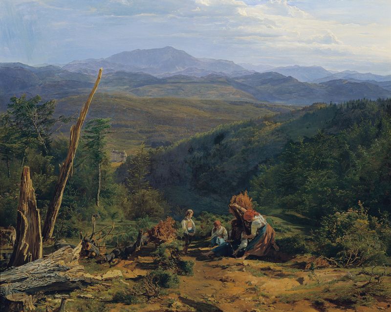 Wienerwaldlandschaft mit Schloss Wildegg de Ferdinand Georg Waldmüller, óleo de uma paisagem serena.