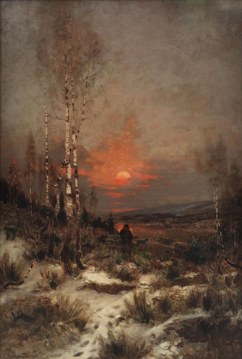 Paisaje invernal con un cazador, óleo sobre lienzo de Ludwig Lanckow
