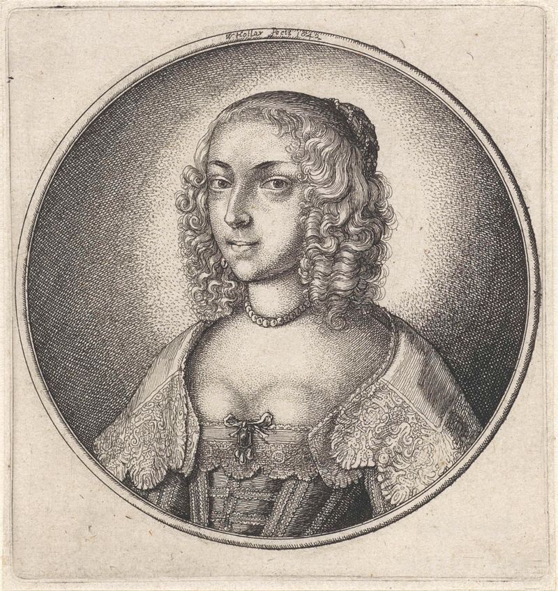 Retrato de una mujer con escote bajo y collar de perlas, grabado de Wenceslaus Hollar
