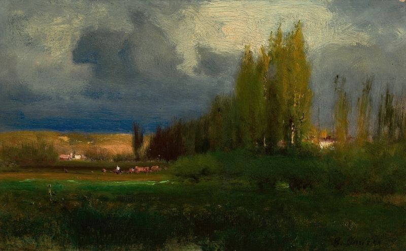 Landscape Study de George Inness, óleo que retrata vegetação exuberante e luz suave.