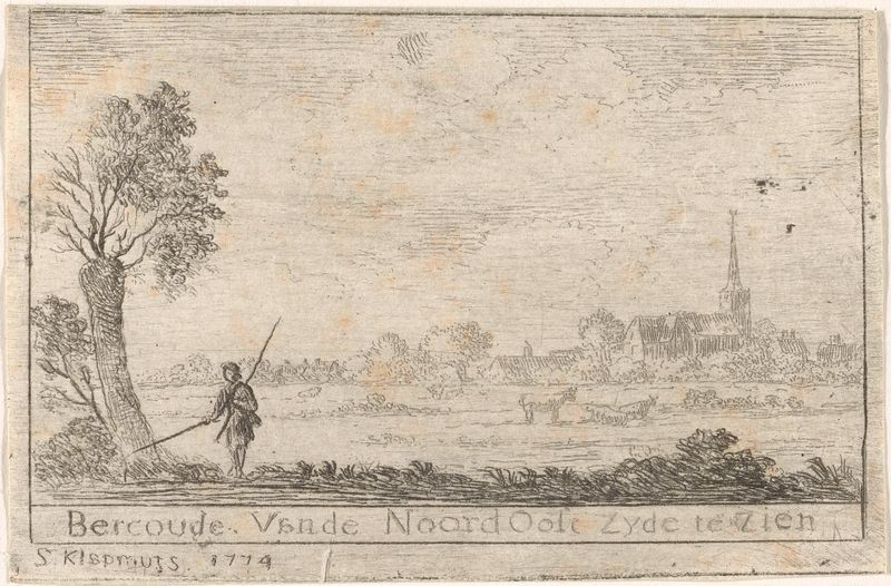Landscape etching by Simon Klapmuts depicting sunlight over Bercoude's hills