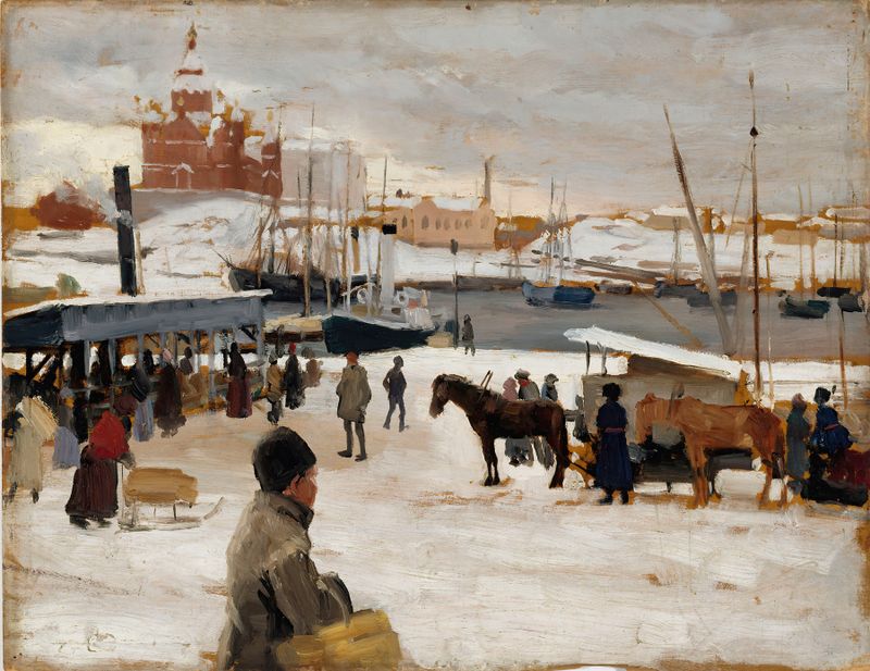 Winter Day in Helsinki Market Square, oil on canvas by Albert Edelfelt