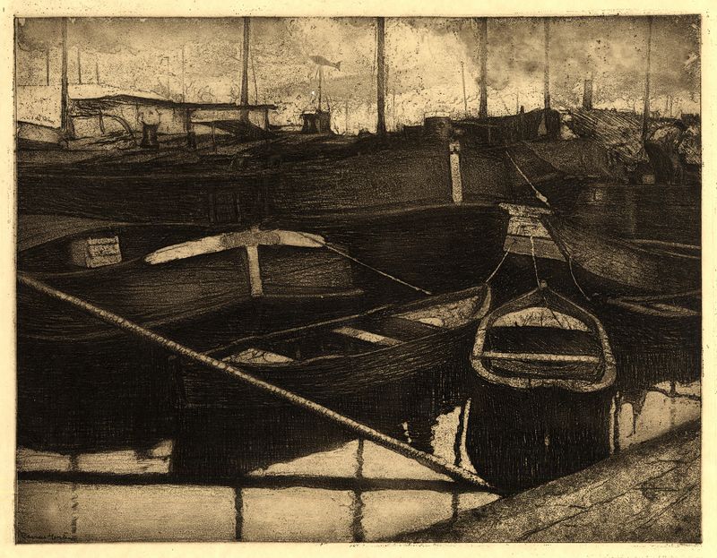 Lichters en sloepen in de haven de Charles Mertens, óleo sobre lienzo que representa barcos en un puerto tranquilo