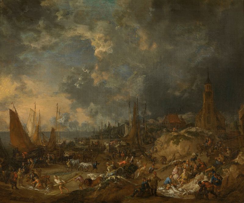 The Beach at Scheveningen de Lucas Smout the Younger, pintura a óleo que mostra figuras na praia.