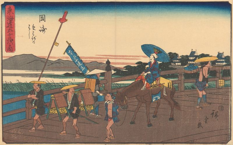 Gravura em madeira de Utagawa Hiroshige retratando uma paisagem com flores de cerejeira e um rio