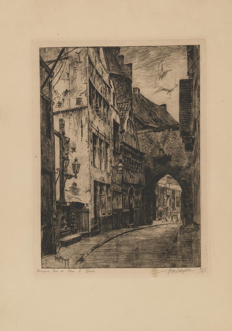 Pintura al óleo de Louis-Joseph van Peteghem que representa una calle adoquinada en Amberes