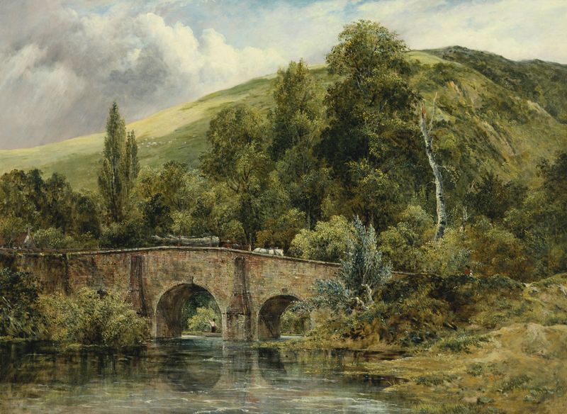 Fingle Bridge no rio Teign, óleo sobre tela de Frederick Waters Watts