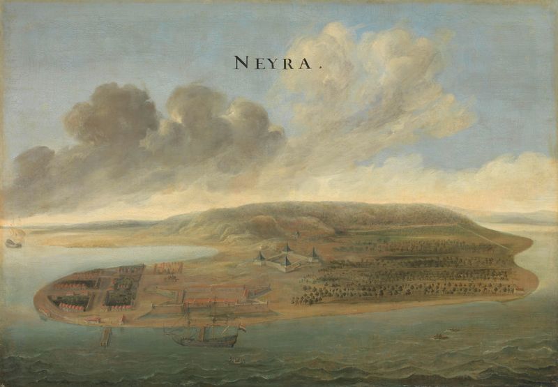 Two Views of Dutch East India Company Trading Posts, oil on canvas by Johannes Vinckboons