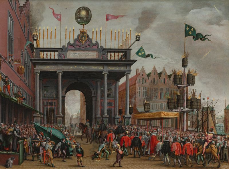 Historical scene of Duke of Anjou's entry in Antwerp, oil on panel by Monogrammist MHVH