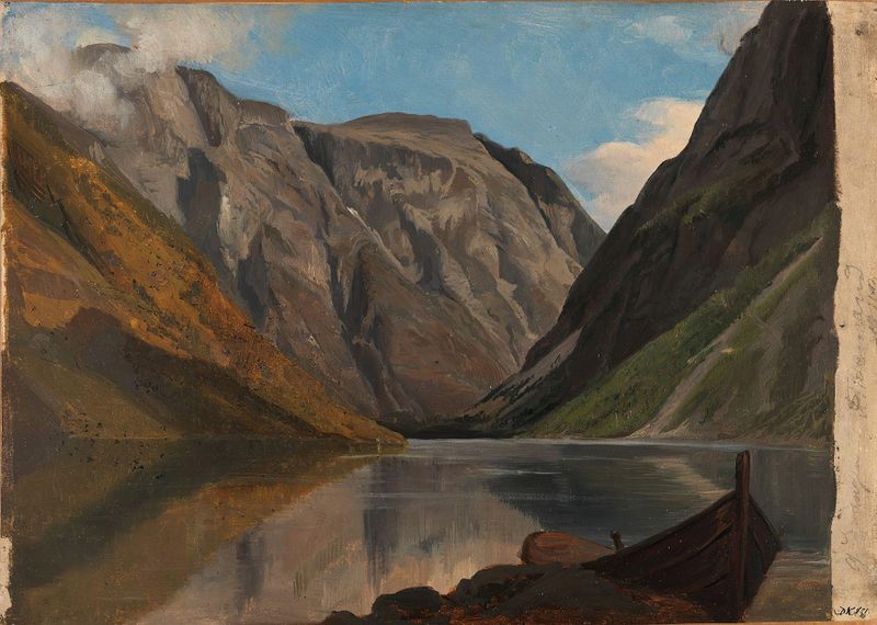Oil painting by Adolph Tidemand depicting mountains and a valley.